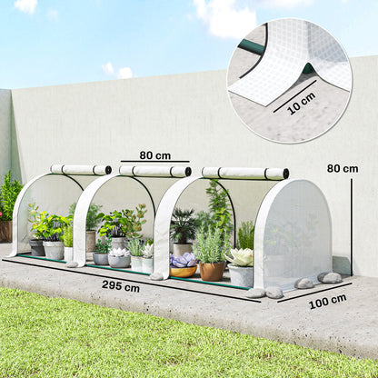 PE Tunnel Greenhouse, Green Grow House with Steel Frame and Zipper Doors for Garden, 295 x 100 x 80cm, White