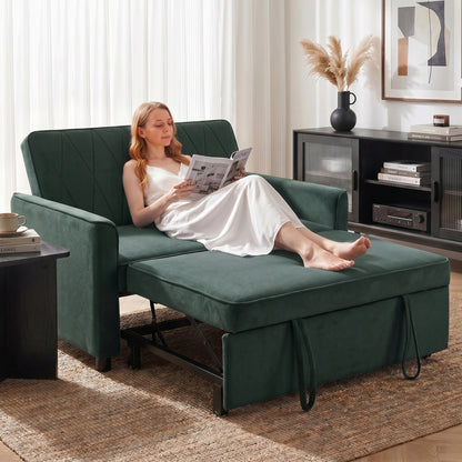 2 Seater Sofa Bed, 3-in-1 Convertible Pull Out Sleeper Sofa, Velvet Loveseat Bed Settee with Clik-Clack Adjustable Backrest, High-Density Foam for Living Room, Bedroom, Guest Room, Dark Green