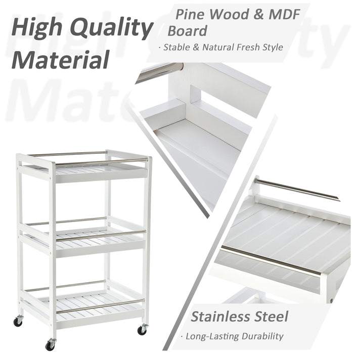 3-Tier Home Trolley Kitchen Storage w/ Steel Bars 4 Wheels Rolling Unit Organiser Living Room White