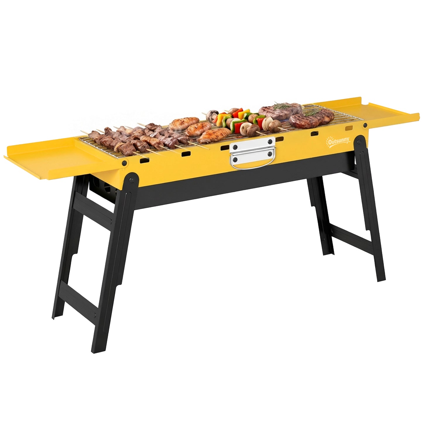 BBQ Grill, Charcoal Barbecue with 2 Side Shelves and Handle, Yellow