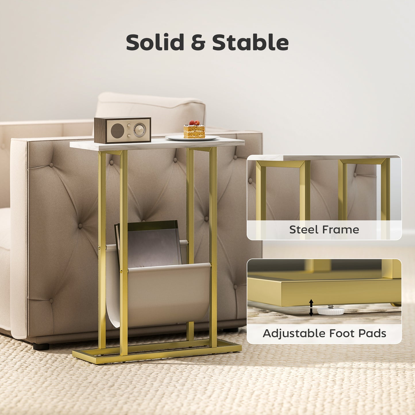 Narrow Side Table, End Table with Magazine Holder for Small Spaces