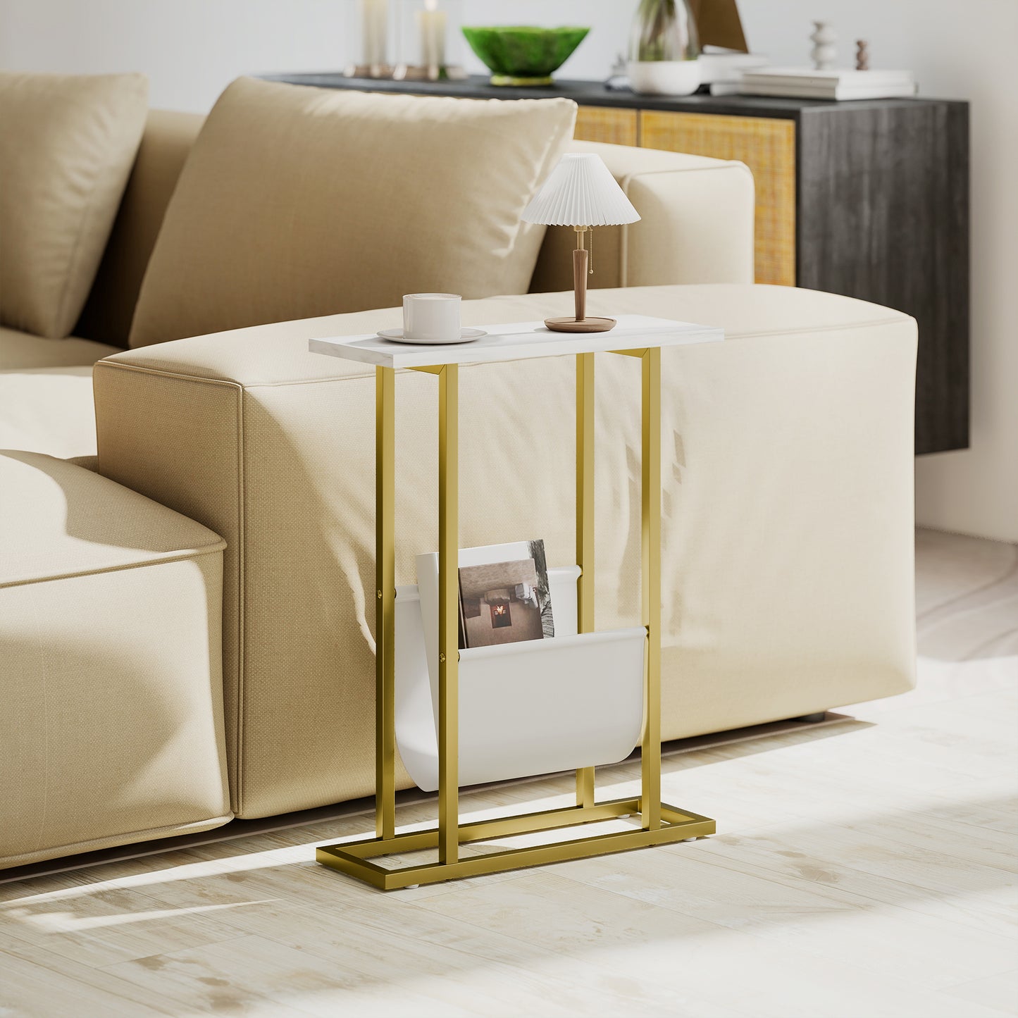 Narrow Side Table, End Table with Magazine Holder for Small Spaces