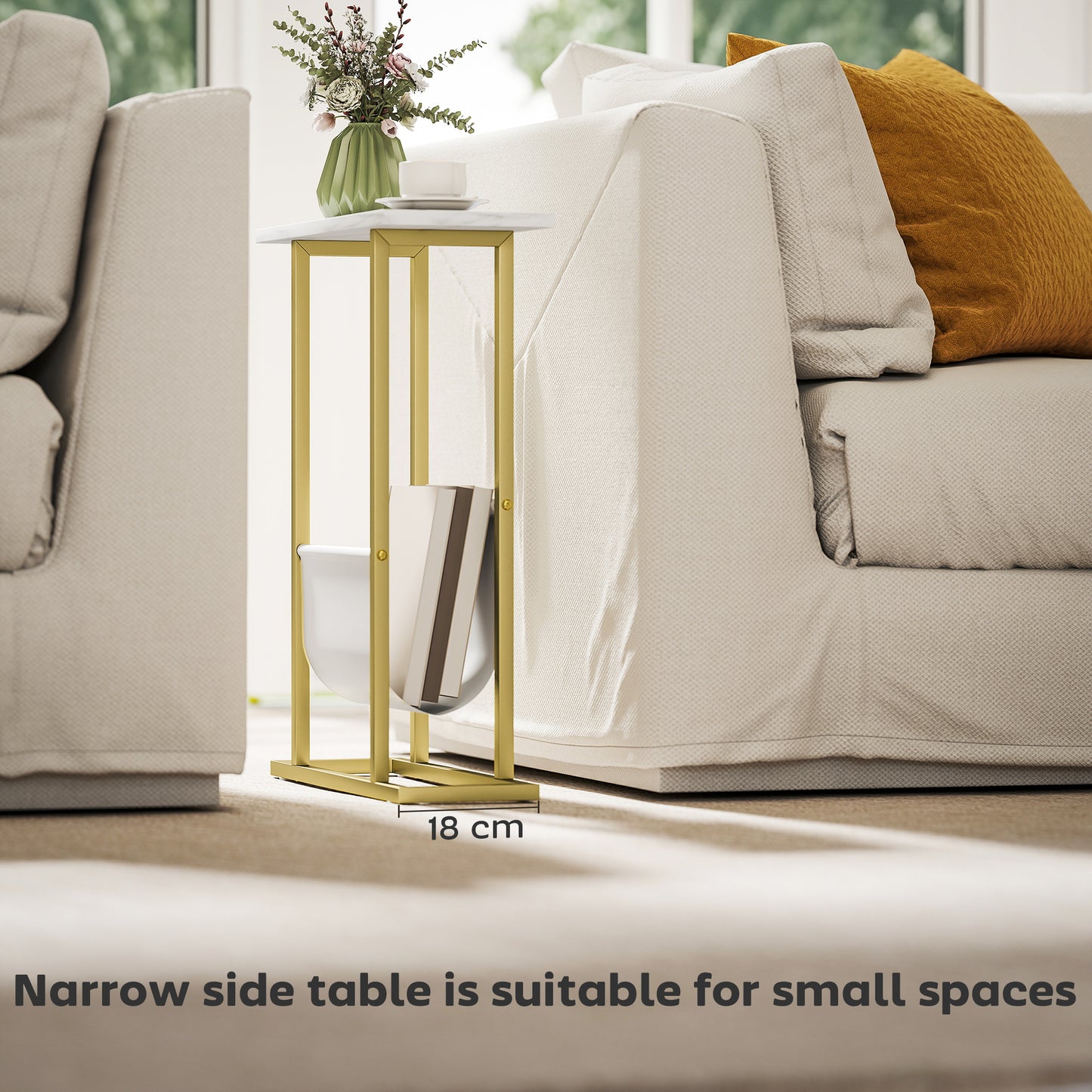 Narrow Side Table, End Table with Magazine Holder for Small Spaces