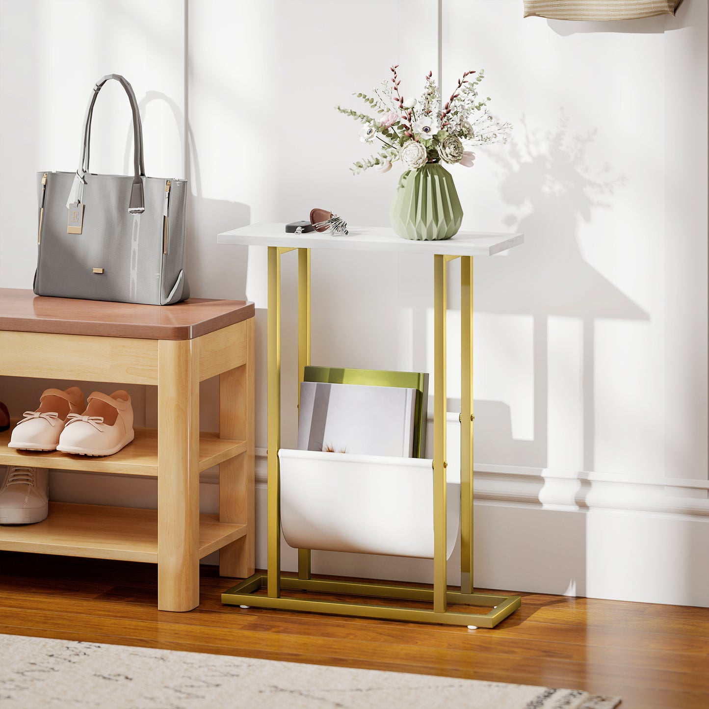 Narrow Side Table, End Table with Magazine Holder for Small Spaces