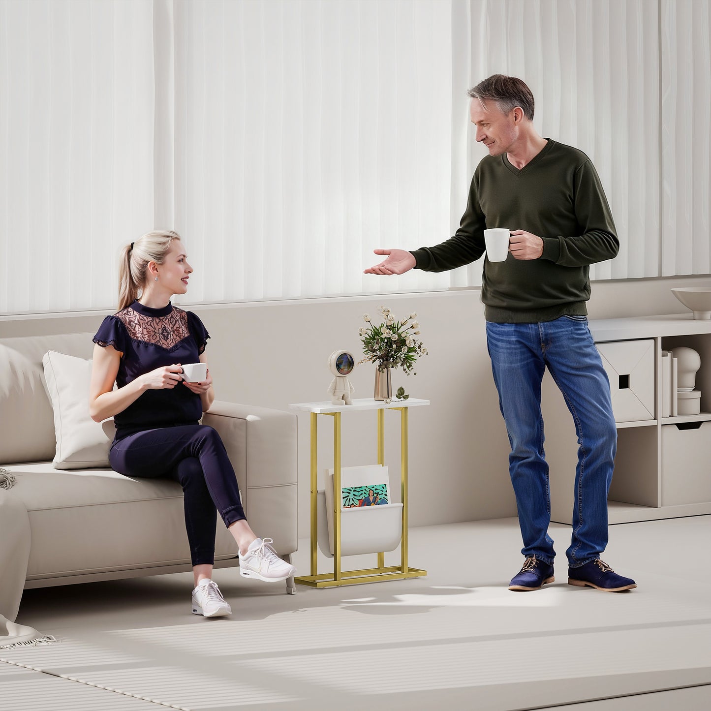 Narrow Side Table, End Table with Magazine Holder for Small Spaces