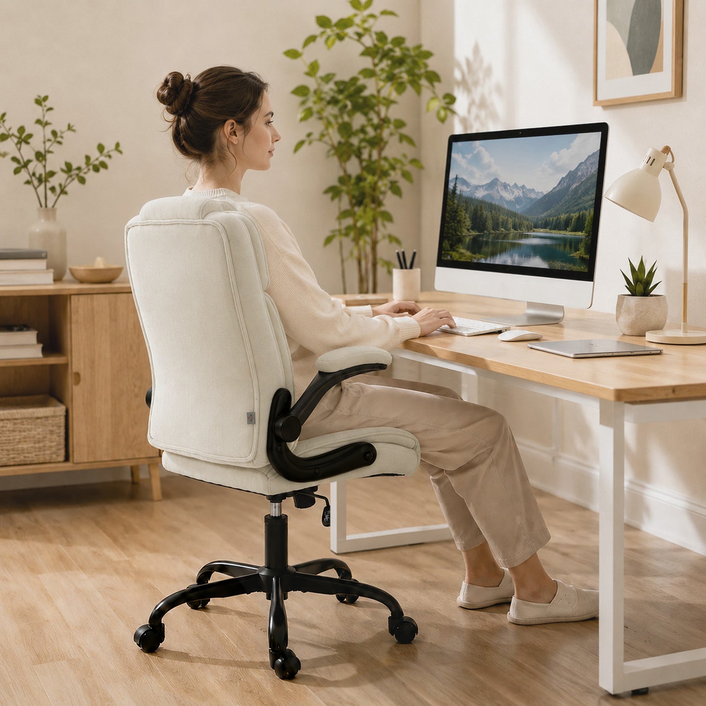 Office Chair, Computer Desk Chair with Flip-up Armrest, Beige