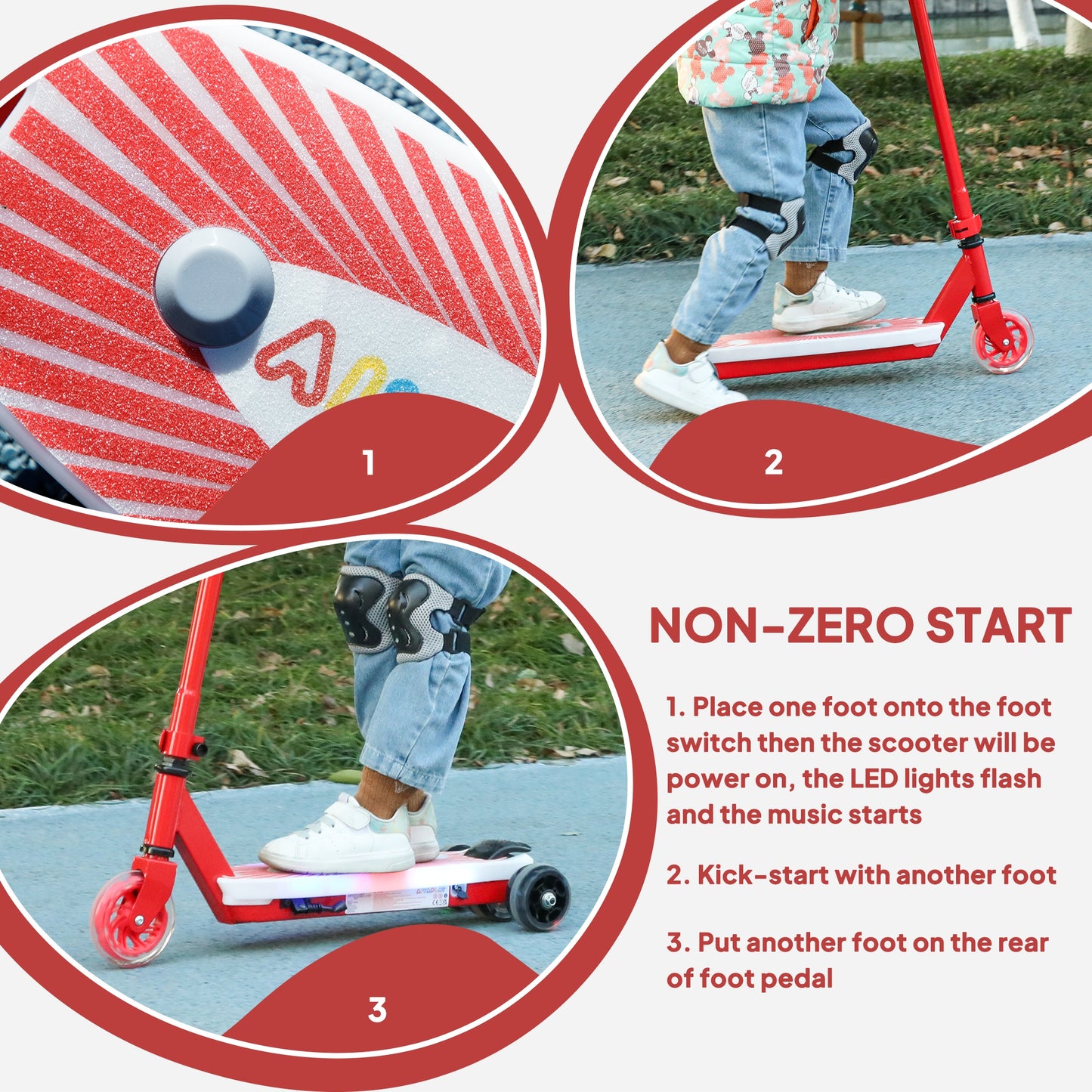 Electric Scooter for Kids 4-7, with Auxiliary Rear Wheels, Red