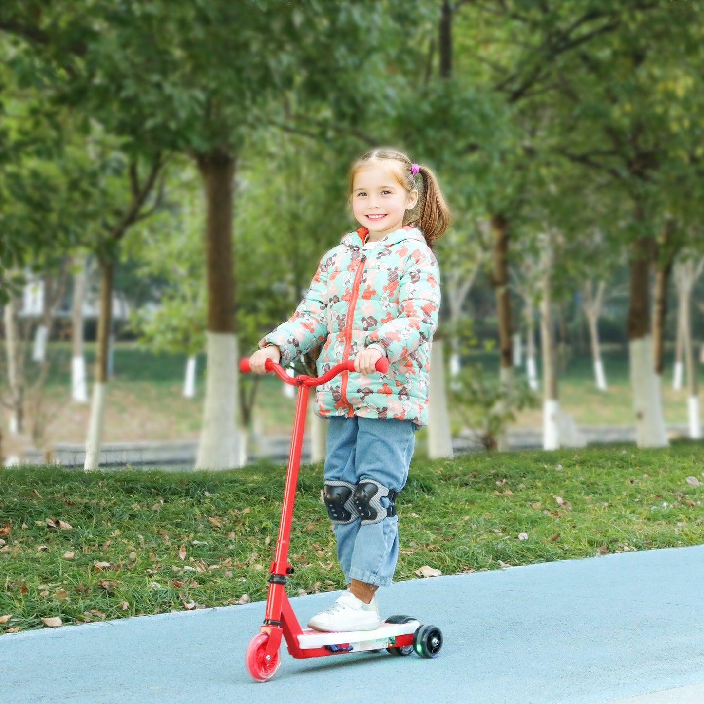 Electric Scooter for Kids 4-7, with Auxiliary Rear Wheels, Red