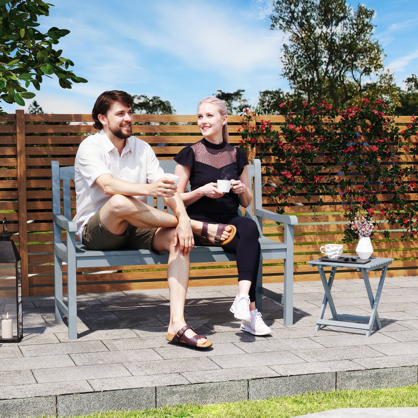 2-Seater Wooden Garden Bench Outdoor Patio Loveseat Grey