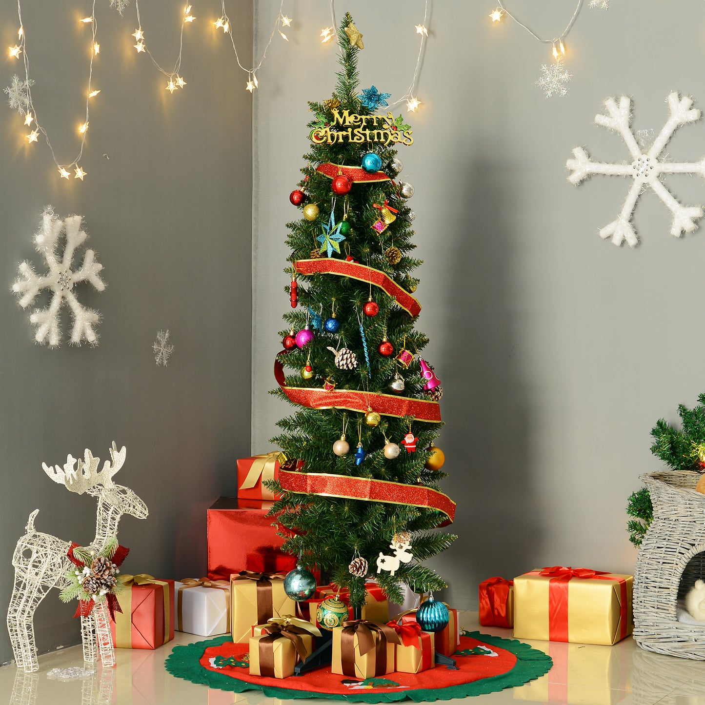 5FT Pencil Slim Artificial Christmas Tree with Study Stand Tips Green