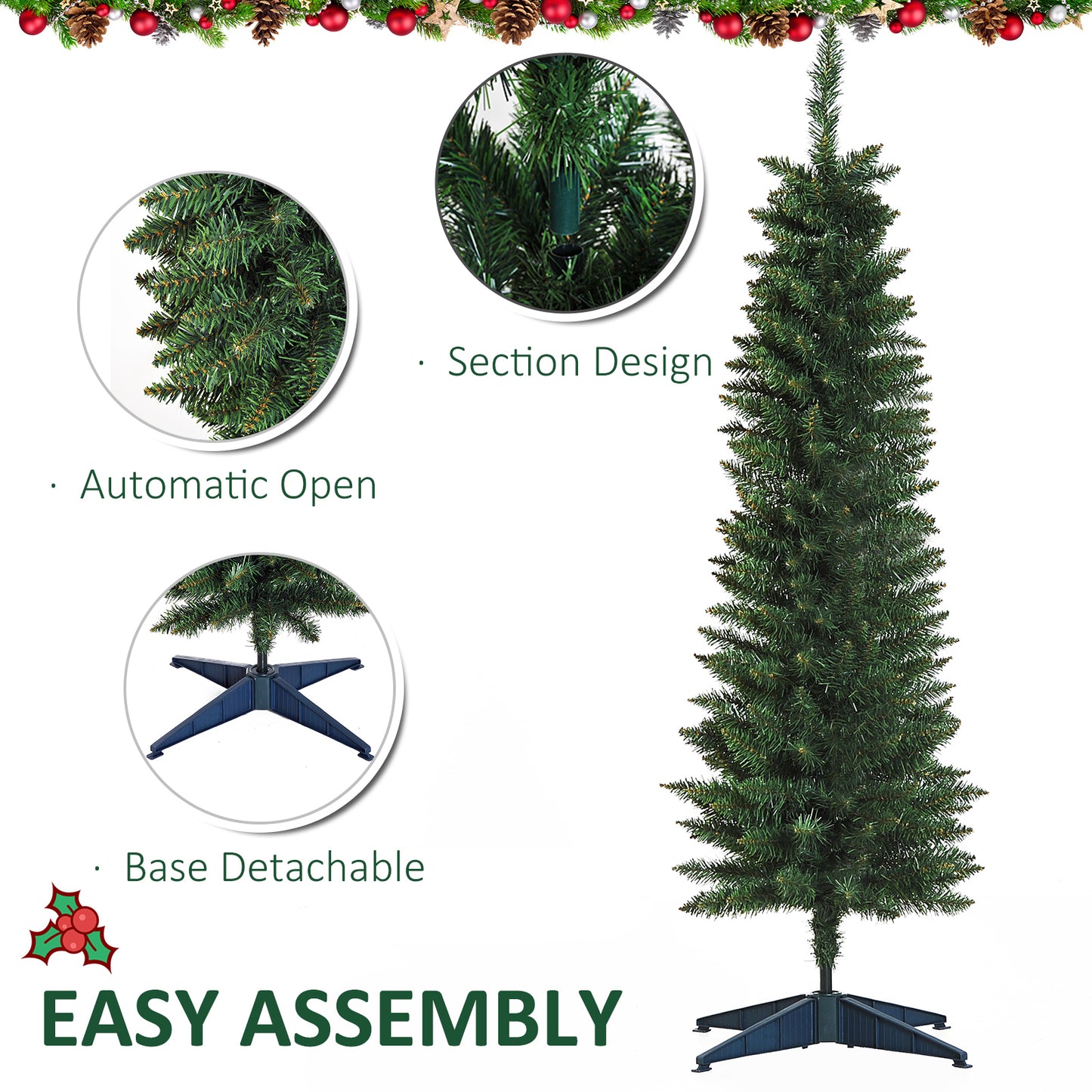 5FT Pencil Slim Artificial Christmas Tree with Study Stand Tips Green