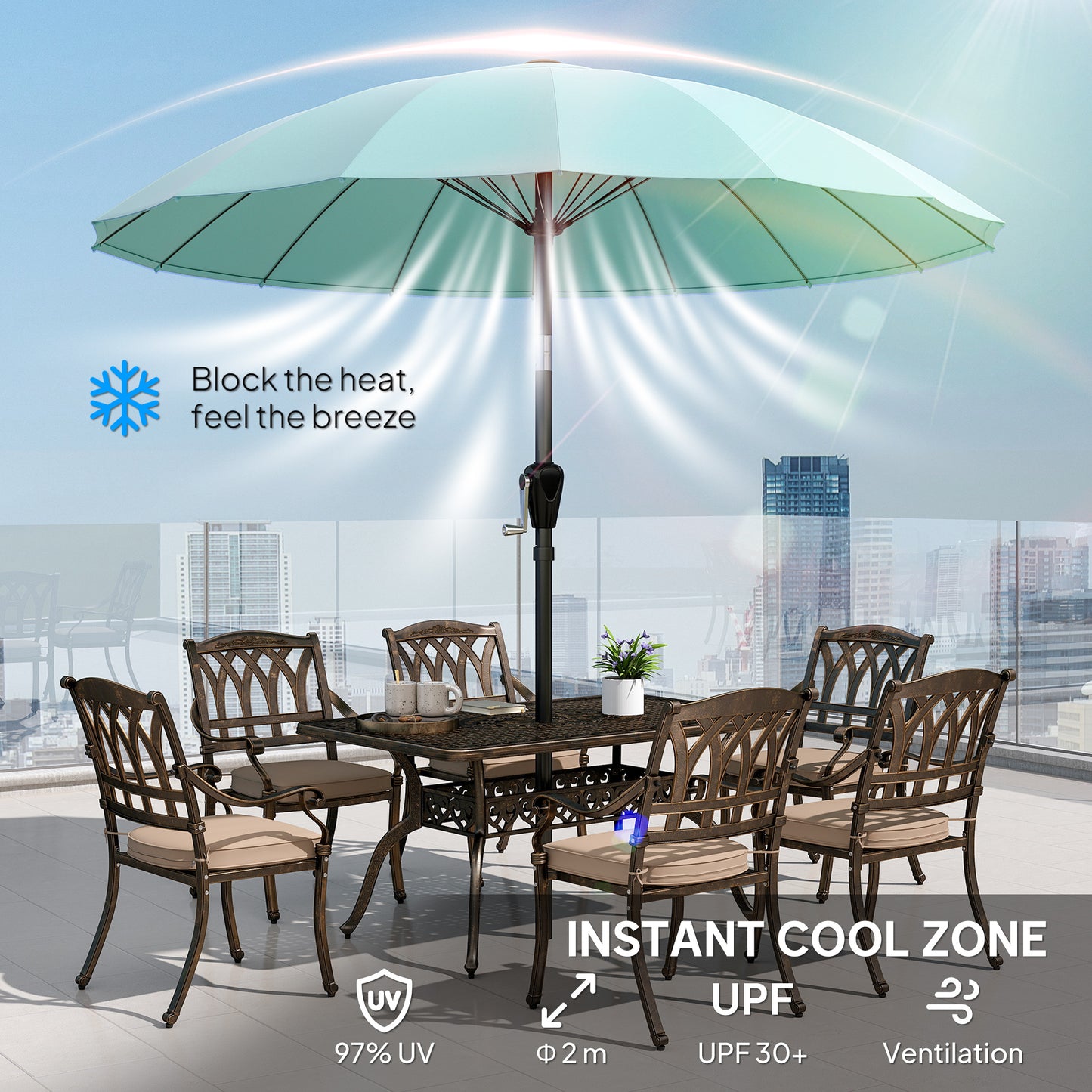 2m Shanghai Garden Parasol Umbrella, Outdoor Sun Shade, Turquoise