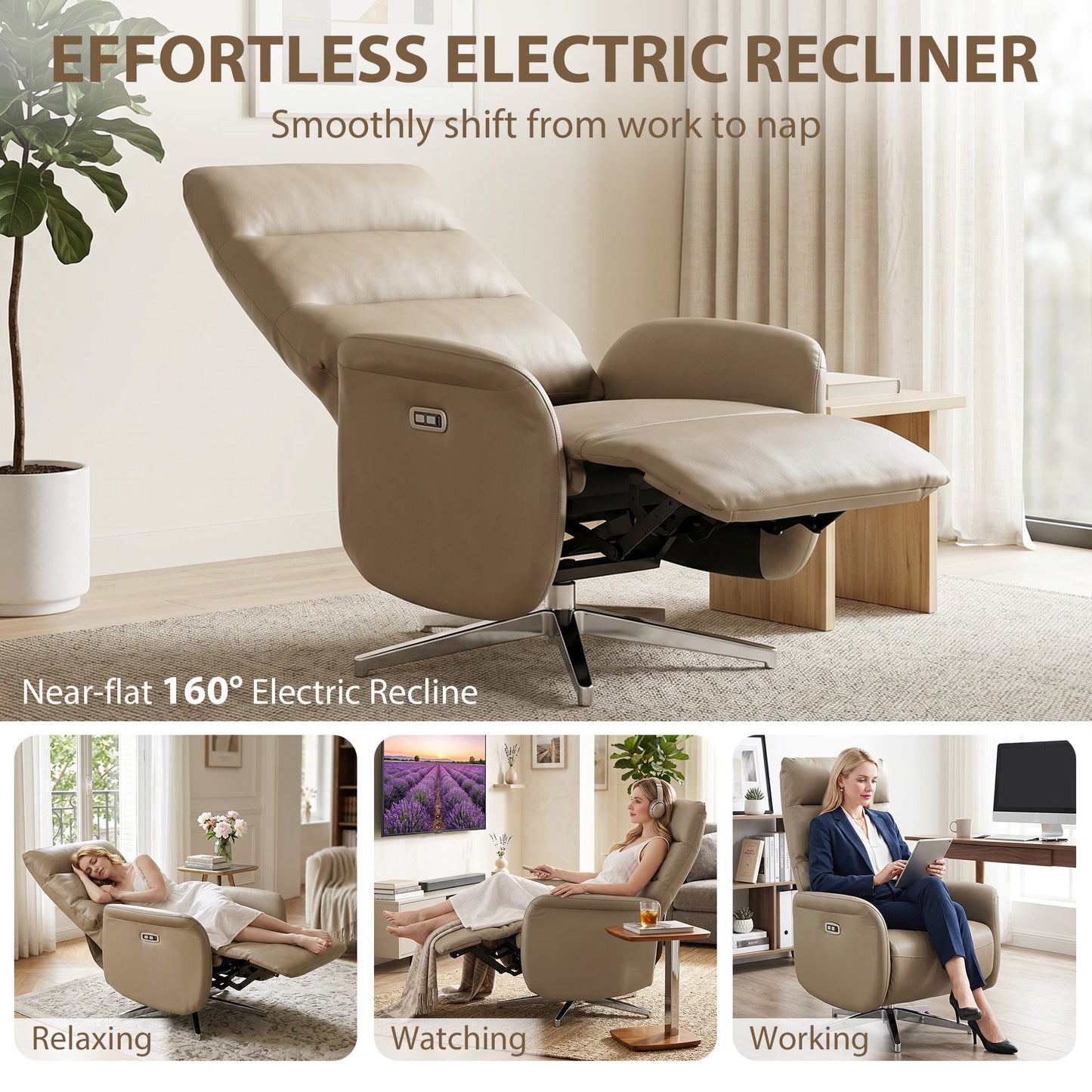 Recliner Armchair, Swivel Recliner with Type C+USB, Brown