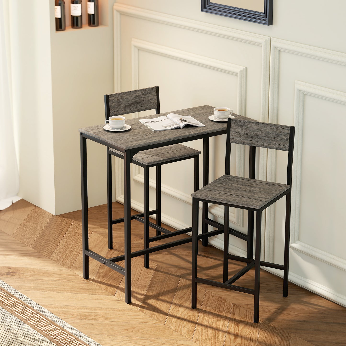 Bar Table and Stools Set, Kitchen Table and 2 Chairs with Backrest, Footrest