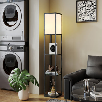 Floor Lamp with 3-Tier Storage Shelf for Home Office, Black