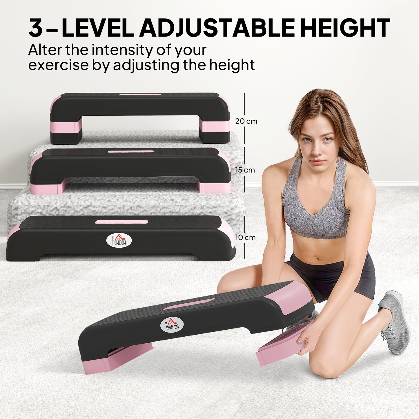 Aerobic Step Three-Level Adjustable Exercise Stepper, Black and Pink