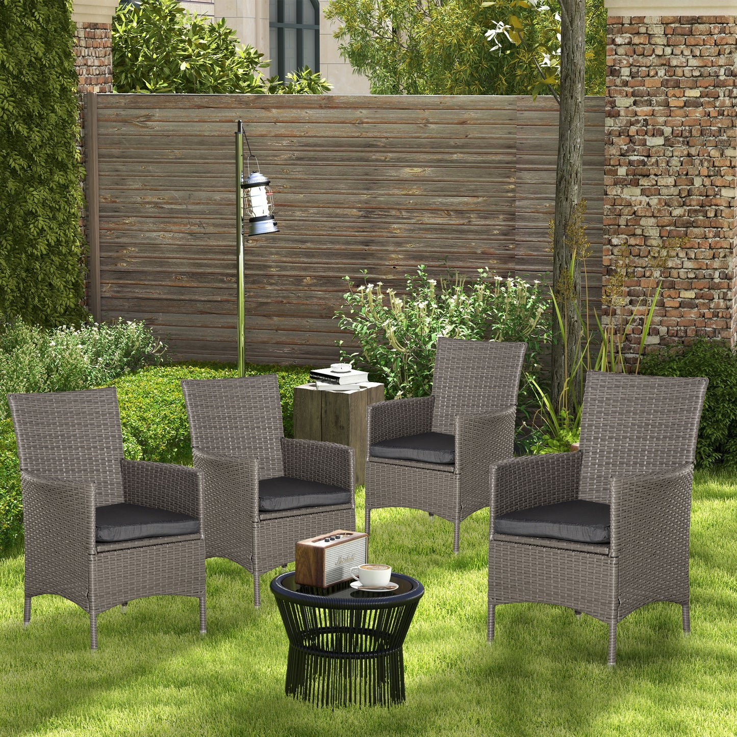 4PC Rattan Chair Patio  Chairs Set Cushioned Outdoor Rattan Furniture