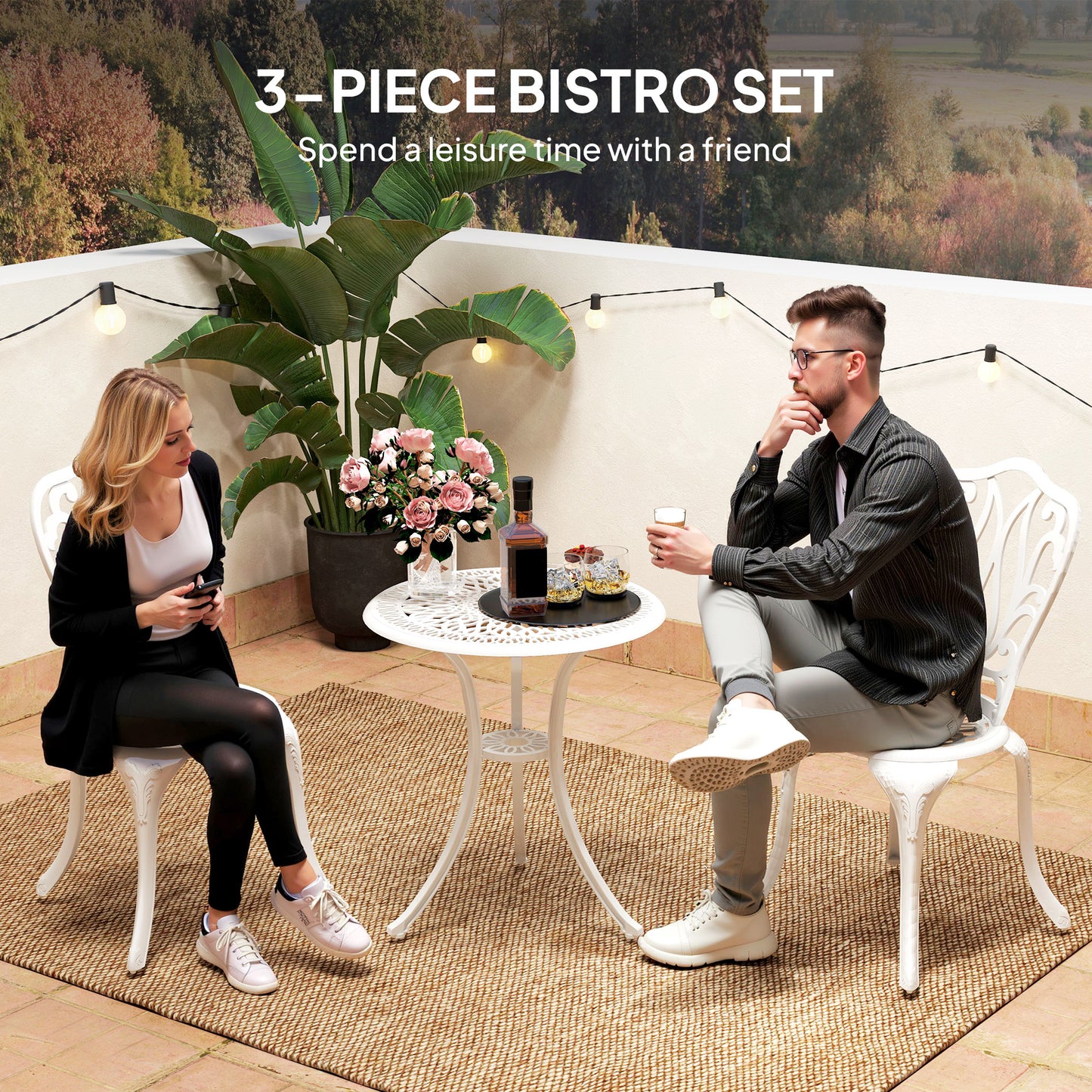 3 Piece Patio Bistro Set Outdoor Table Set with Umbrella Hole White