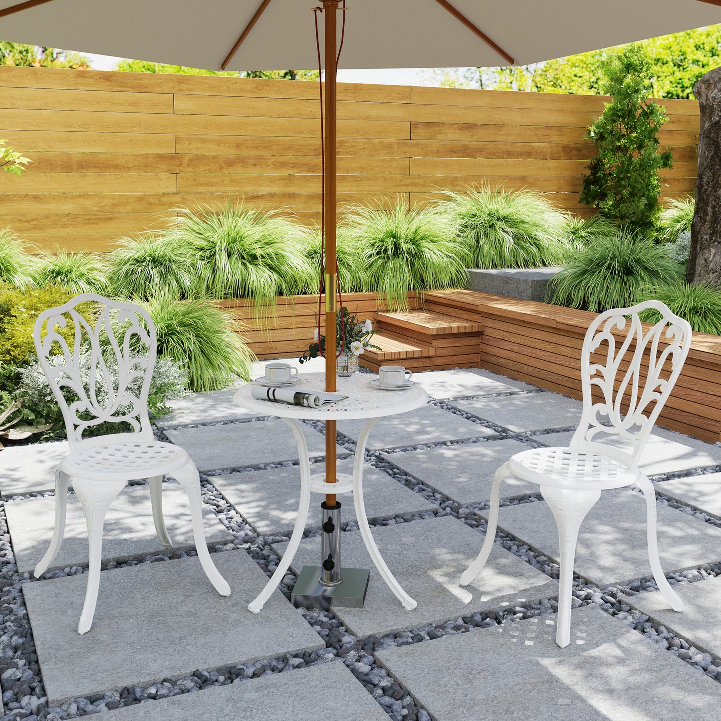 3 Piece Patio Bistro Set Outdoor Table Set with Umbrella Hole White