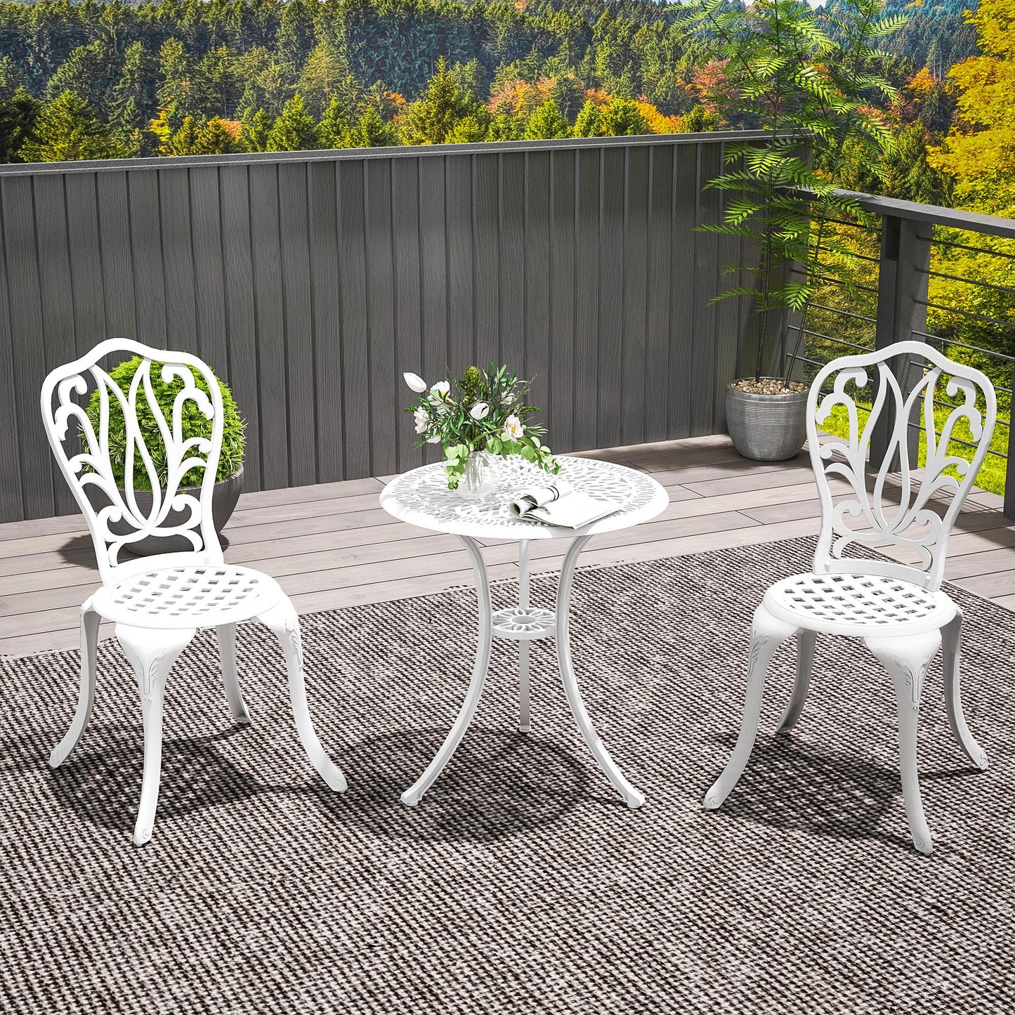 3 Piece Patio Bistro Set Outdoor Table Set with Umbrella Hole White