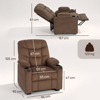 Electric Massage Recliner Armchair with Vibration, Heat, Whisper-Quiet Motor, Memory Function, Fleece Power Reclining Chair with Spring Pack, USB Port, Footrest, Side Pocket, Cup Holders, Brown