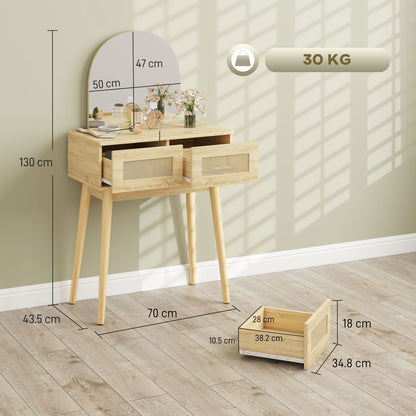 Dressing Table, Vanity Desk w/ Mirror, 2 Drawers, Natural Wood Finish
