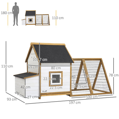 Chicken Coop, Hen House, Wooden Poultry Cage with Outdoor Run, Nesting Box, Removable Tray, Window and Lockable Door, 197 x 93 x 110cm
