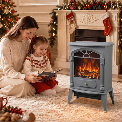 Freestanding Portable Fireplace with Adjustable Thermostat, Grey