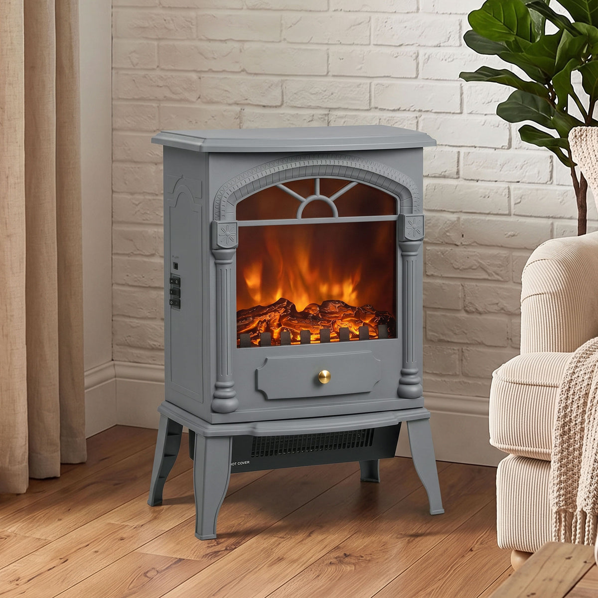 Freestanding Portable Fireplace with Adjustable Thermostat, Grey