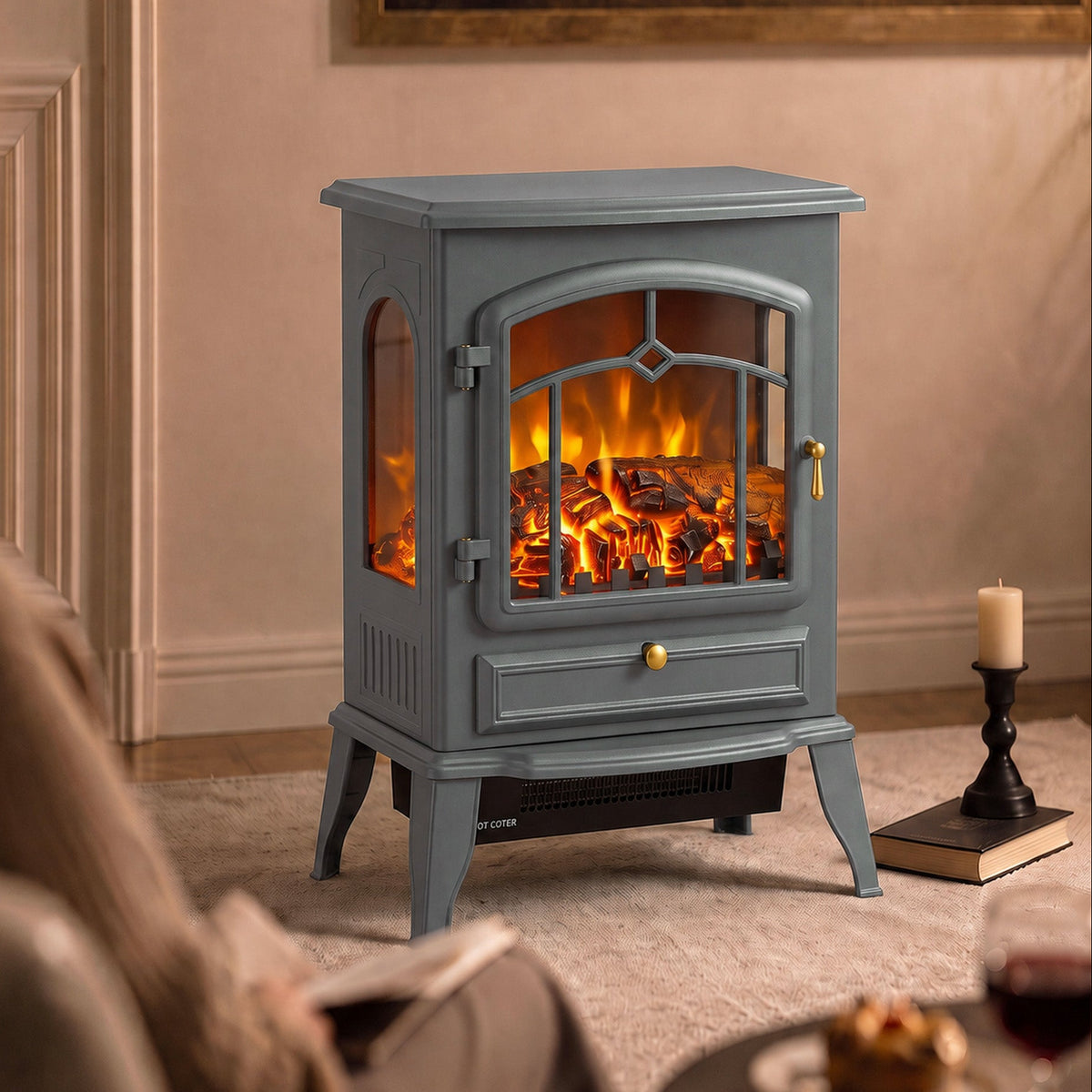 2000W Freestanding Electric Stove with 3-Sided Log Flame Effect - Grey