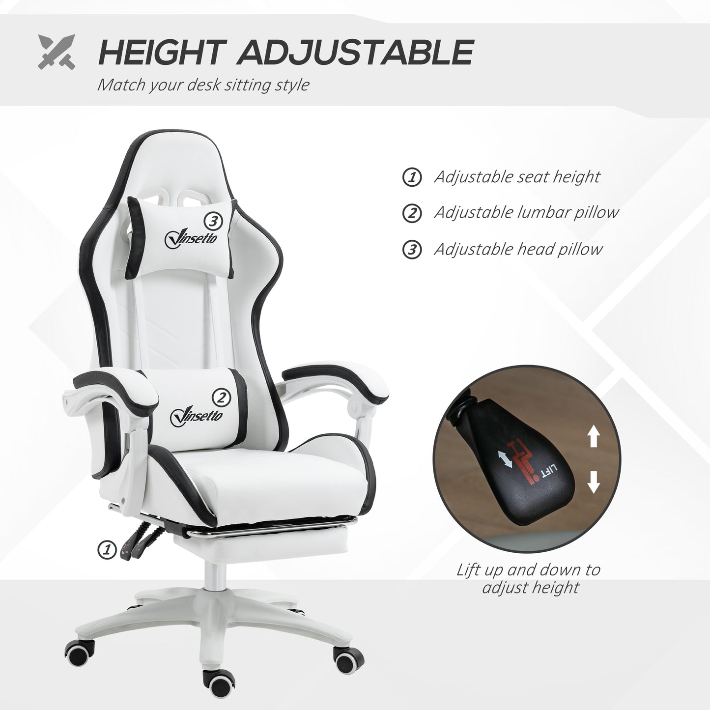 omputer Gaming Chair, PU Leather Office Desk Chair with Footrest, Swivel Wheels, 135° Reclining Back, Lumbar Support, Headrest for Home, White and Black