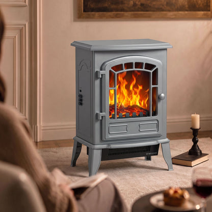 Freestanding Electric Fireplace Stove with LED Flame, 2000W, Grey
