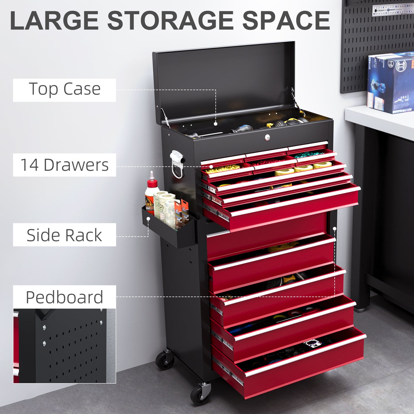Rolling Tool Chest Lockable Roller Cabinet with with 14 Drawers Red