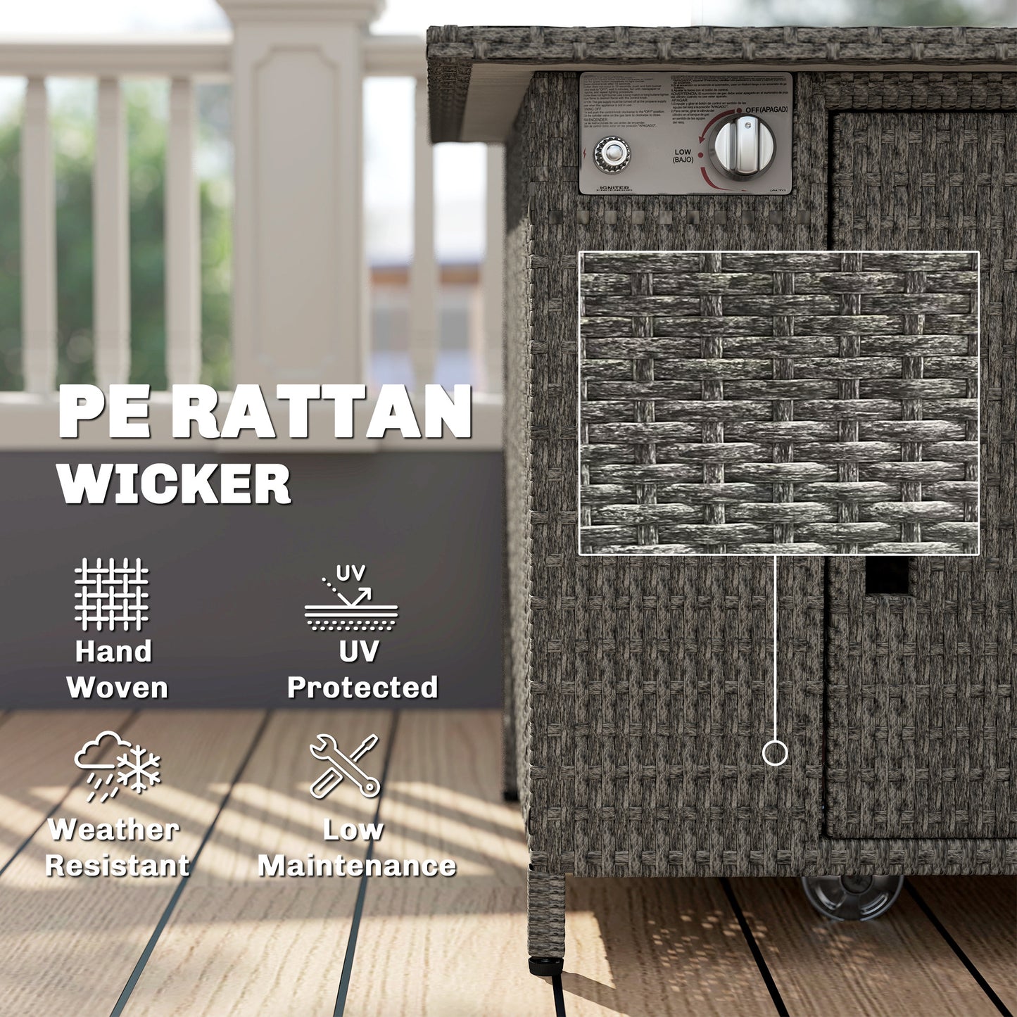 Rattan Gas Fire Pit Table with Rain Cover, Wind Guard, 14.5 KW