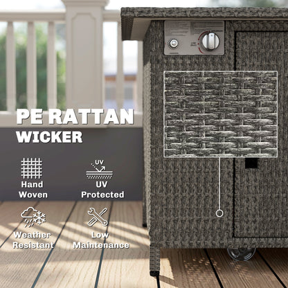 Rattan Gas Fire Pit Table with Rain Cover, Wind Guard, 14.5 KW