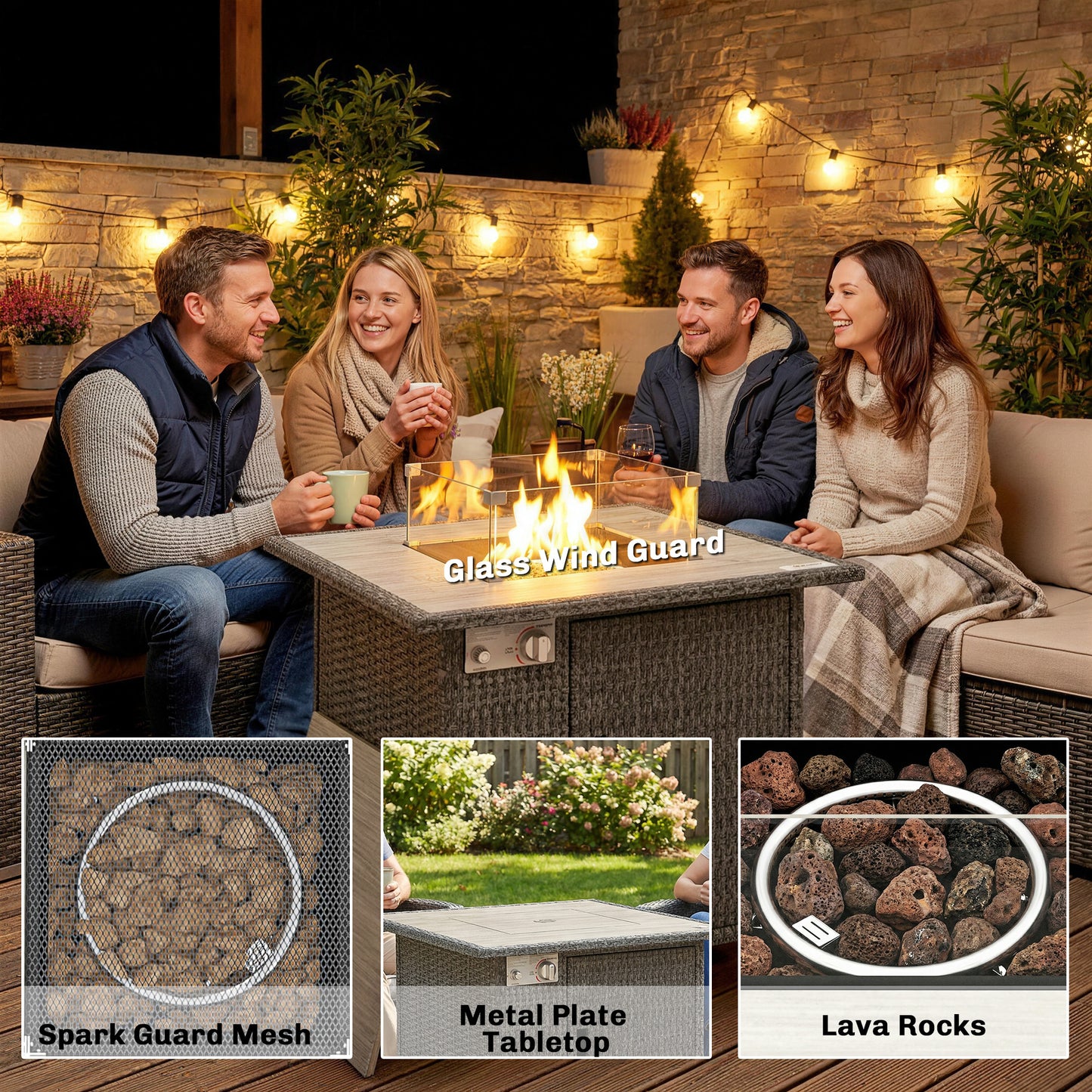 Rattan Gas Fire Pit Table with Rain Cover, Wind Guard, 14.5 KW