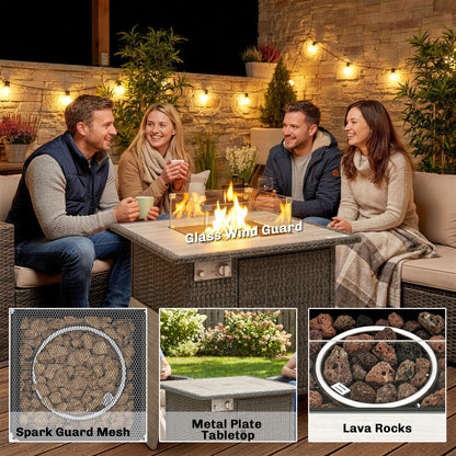 Rattan Gas Fire Pit Table with Rain Cover, Wind Guard, 14.5 KW