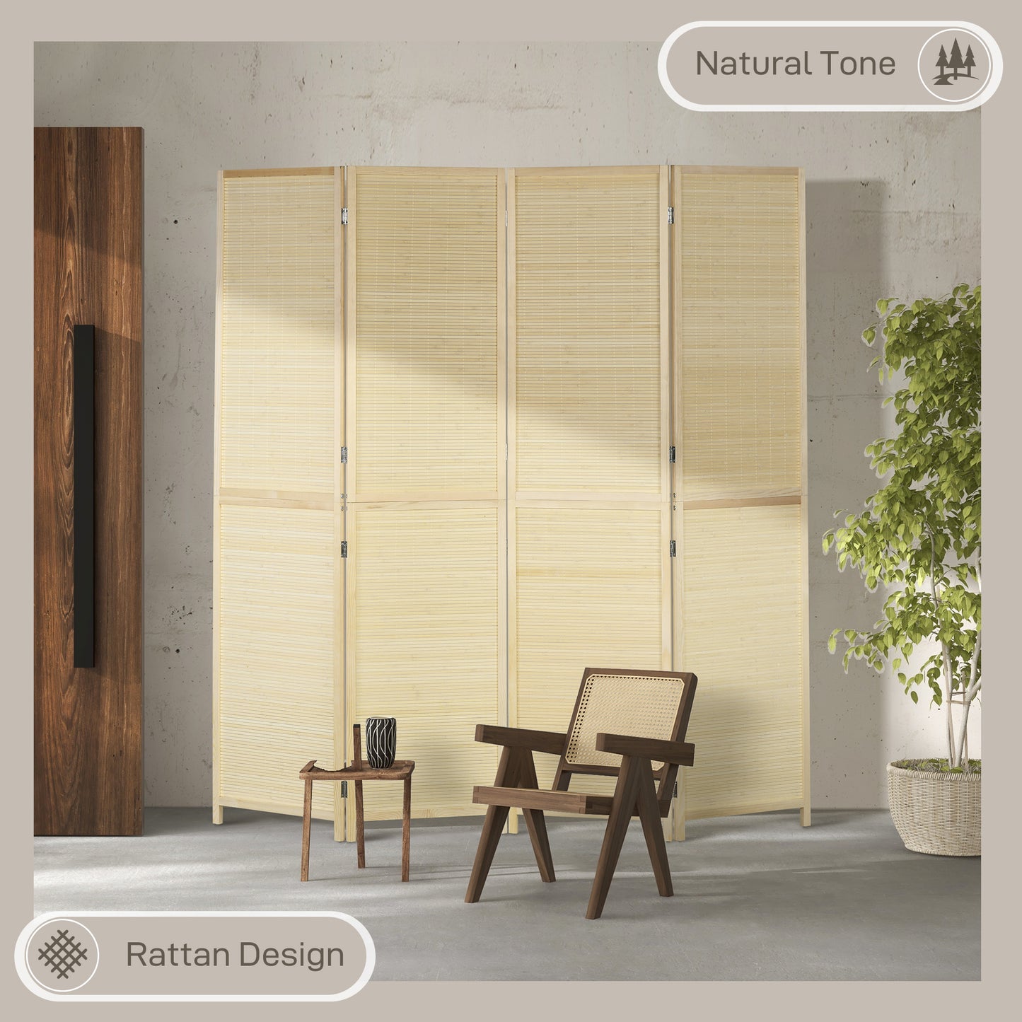 Freestanding Room Divider 4 Panel Folding Natural, 180 x 180cm