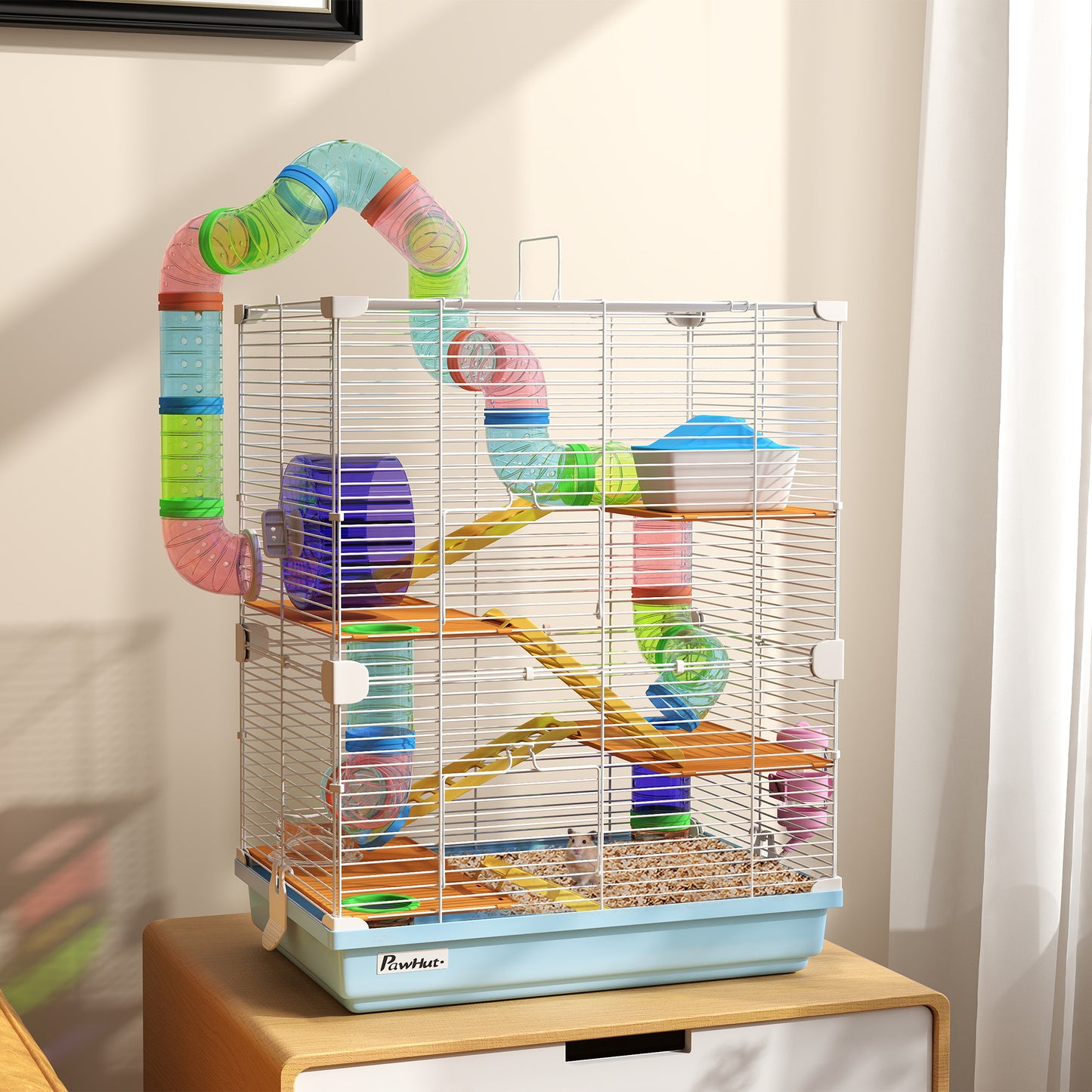 5 Tier Hamster Cage Carrier Habitat w/ Exercise Wheels, Light Blue