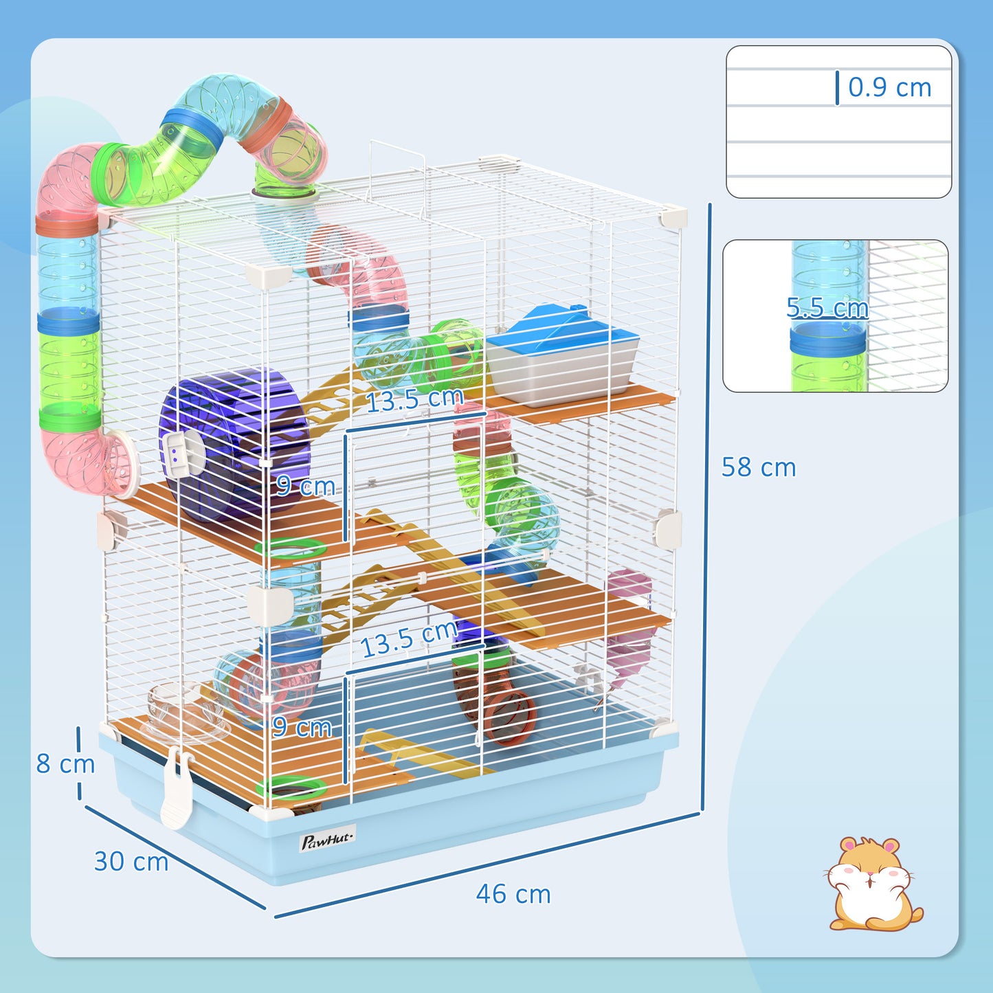 5 Tier Hamster Cage Carrier Habitat w/ Exercise Wheels, Light Blue