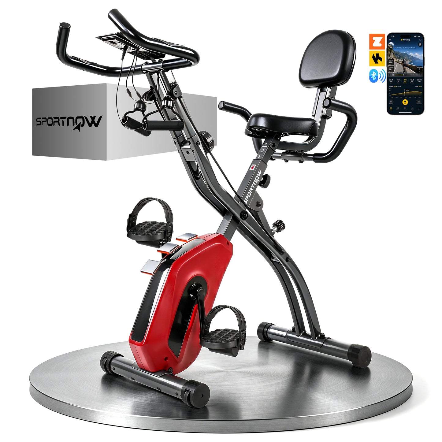 3-In-1 Folding Exercise Bike with Resistance Bands, Indoor Stationary Bike with Bluetooth App, Quiet 8-Level Magnetic Resistance, LCD Display, Pulse Sensor, Adjustable Seat, Wheels, Red