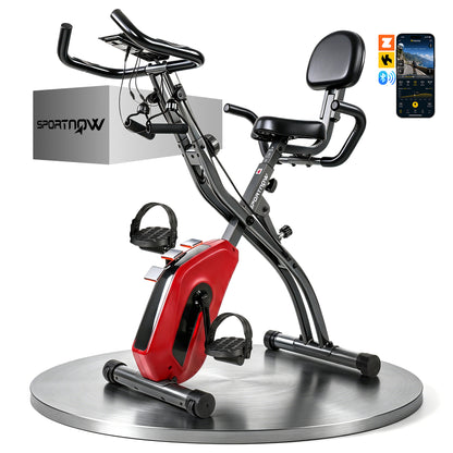 3-In-1 Folding Exercise Bike with Resistance Bands, Indoor Stationary Bike with Bluetooth App, Quiet 8-Level Magnetic Resistance, LCD Display, Pulse Sensor, Adjustable Seat, Wheels, Red