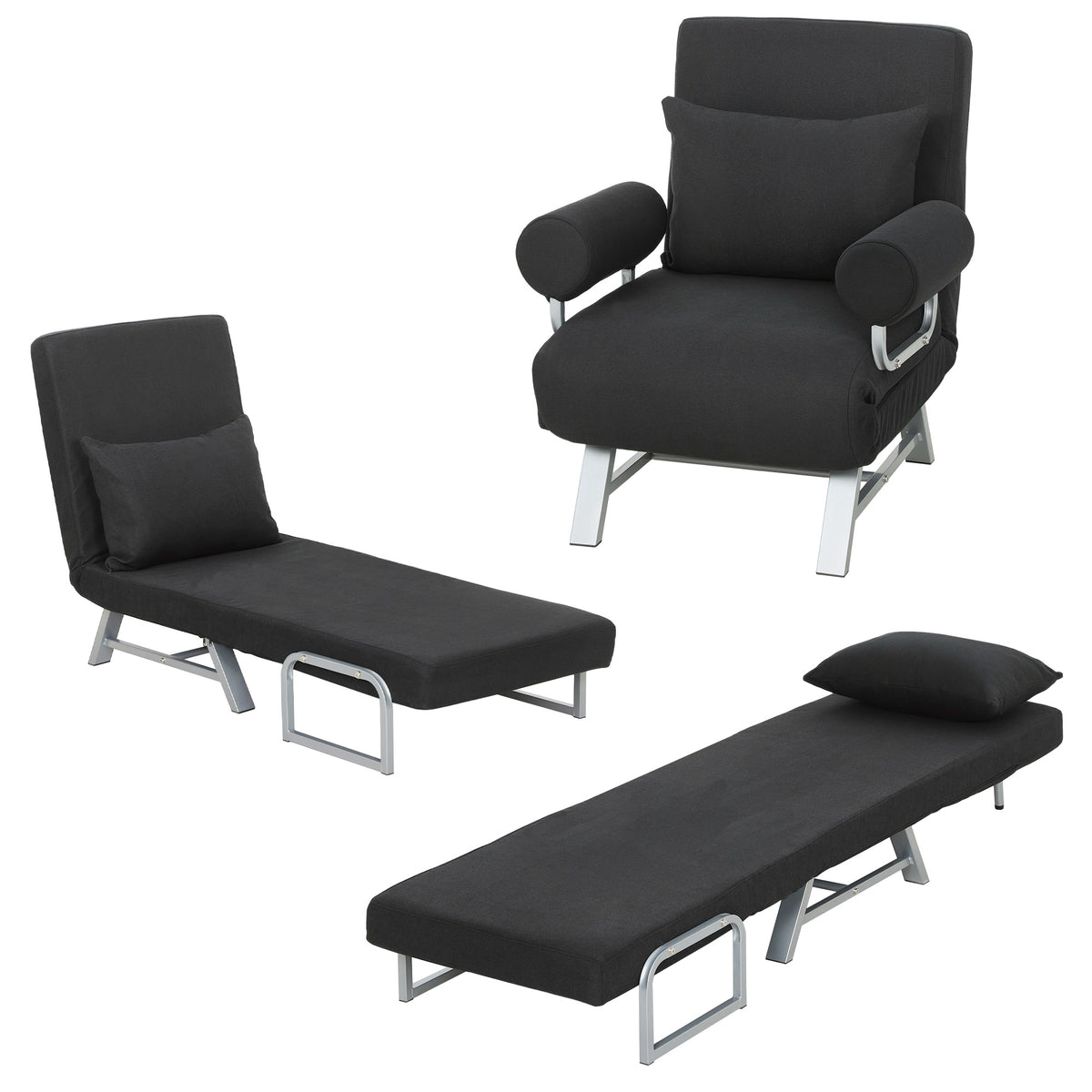 Single Sofa Bed, 3-in-1 Convertible Folding Chair Bed, Black