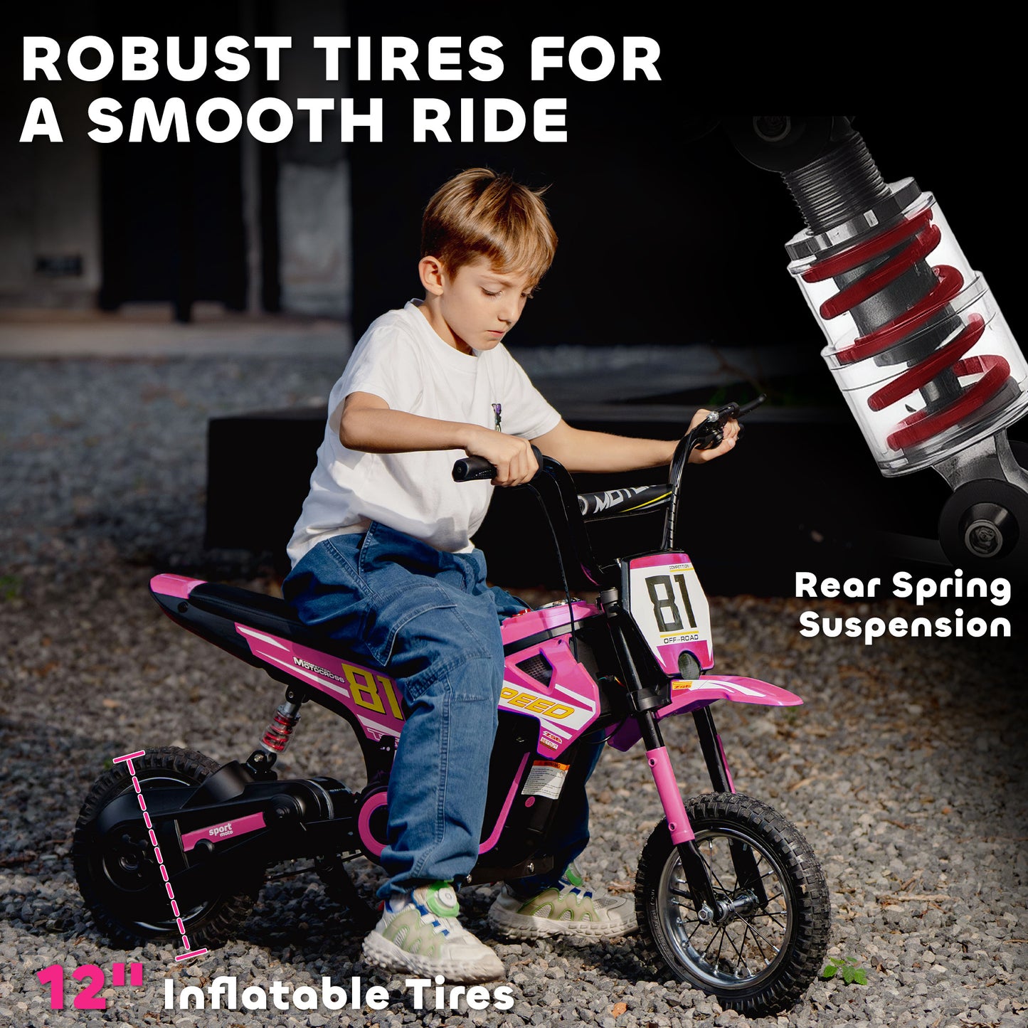 Kids Electric Motorbike, 24V Battery Powered Dirt Bike with 250W Motor, 6-16km/h, 7AH Batteries, 12" Inflatable Tires and Rear Suspension, Ride On Motorcycle for 8-12 Years Old, Pink