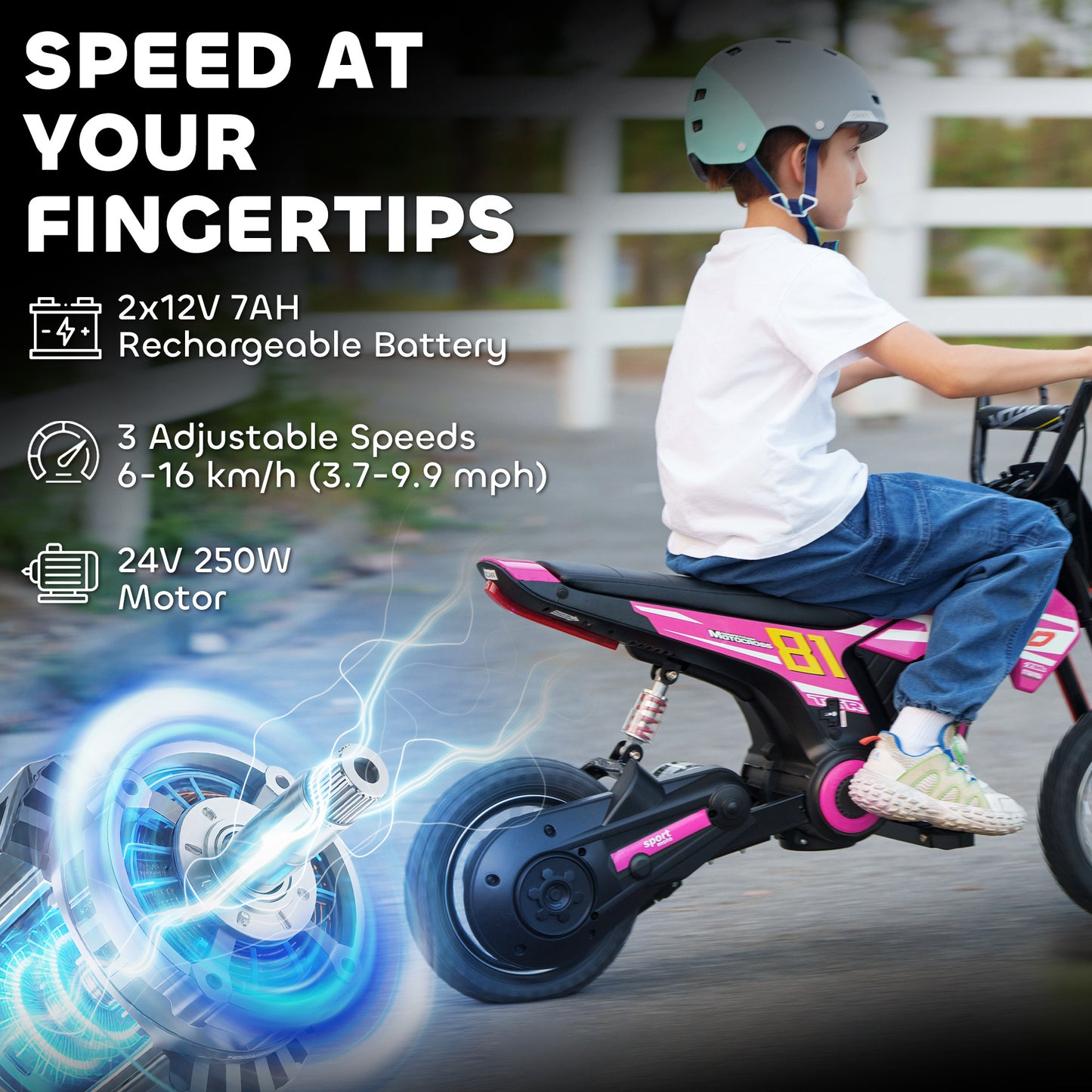 Kids Electric Motorbike, 24V Battery Powered Dirt Bike with 250W Motor, 6-16km/h, 7AH Batteries, 12" Inflatable Tires and Rear Suspension, Ride On Motorcycle for 8-12 Years Old, Pink