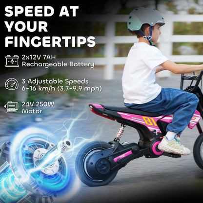 Kids Electric Motorbike, 24V Battery Powered Dirt Bike with 250W Motor, 6-16km/h, 7AH Batteries, 12" Inflatable Tires and Rear Suspension, Ride On Motorcycle for 8-12 Years Old, Pink