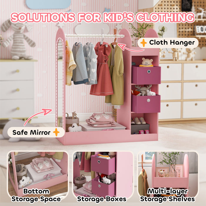 Kids Cloth Rail with Storage Shelf, Boxes, Mirror for Bedroom, Pink