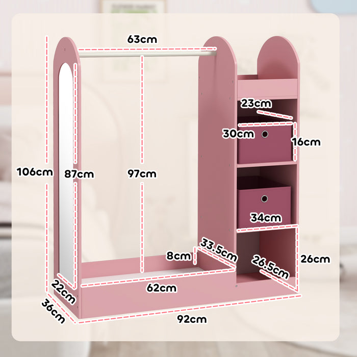 Kids Cloth Rail with Storage Shelf, Boxes, Mirror for Bedroom, Pink