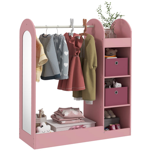 Kids Cloth Rail with Storage Shelf, Boxes, Mirror for Bedroom, Pink