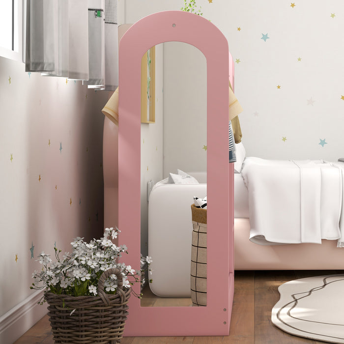 Kids Cloth Rail with Storage Shelf, Boxes, Mirror for Bedroom, Pink